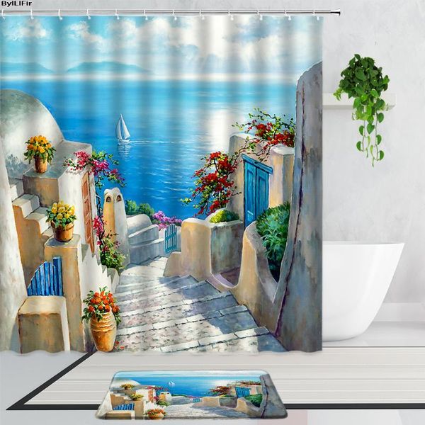 

shower curtains aegean oil painting landscape sunshine sea plants flowers bathroom decor curtain set non-slip bath mats carpet