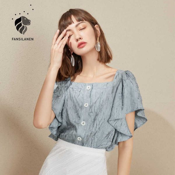 

fansilanen ruffle elegant white chiffon blouse shirt women blue vintage summer female crumple button up 210607