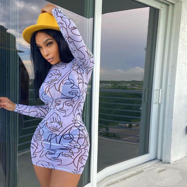 

casual dresses sheer mesh print party club mini dress for women vintage see through bandage autumn long sleeve robe femme streetwear, Black;gray