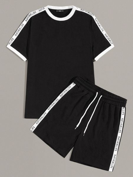 

men letter tape side ringer & shorts set x8ww#, Gray