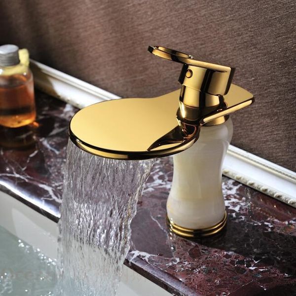 

bathroom sink faucets single handle european classical imitation marble gold-plated copper waterfall faucet and cold all-natural jade basin