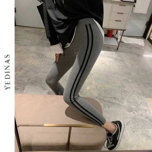 

yedinas winter quality cotton women leggings high waist female fitness basic pants push up casual striped elastic legging 210527, Black
