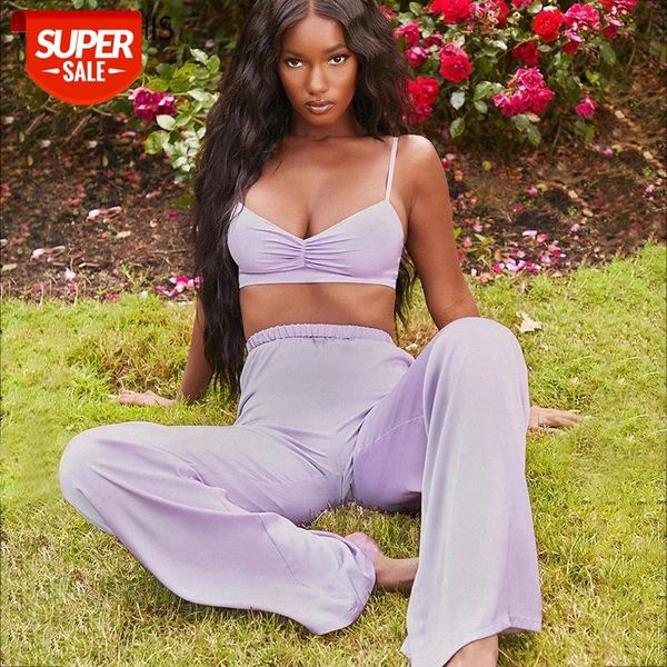 

WannaThis Two-piece Women Front Draped Spaghetti Strap Sleeveless Crop Top and Loose Full Length Pants Summer Sexy Casual Sets #V02z, White