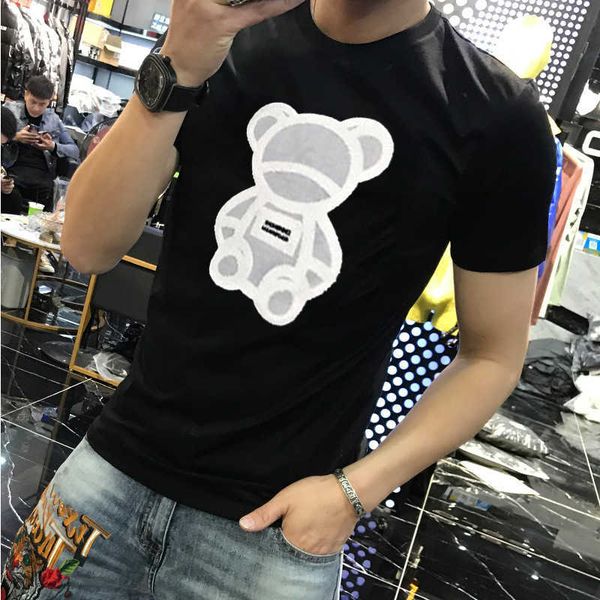 

w0535 new bear t-shirt men's slim fit short sleeve summer embroidery pattern trend off-season 2021, White;black