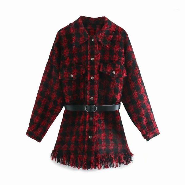 

women oversized red houndstooth jacket 2021 fashion plaid wool blend coat belted tassel checked outerwear chaqueta mujer women's jacket, Black;brown