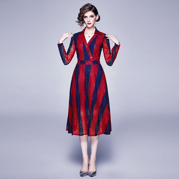 

casual dresses elegant red blue stripes lace dress 2021 autumn vintage v-neck long sleeve party turn-down collar vestidos, Black;gray