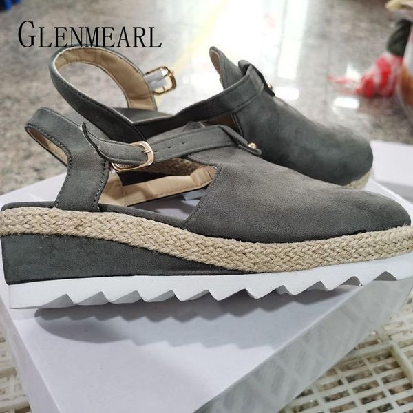 

dress shoes summer sandals women thick wedge size 43 woman buckle strap straw bottom platform lady flock female, Black