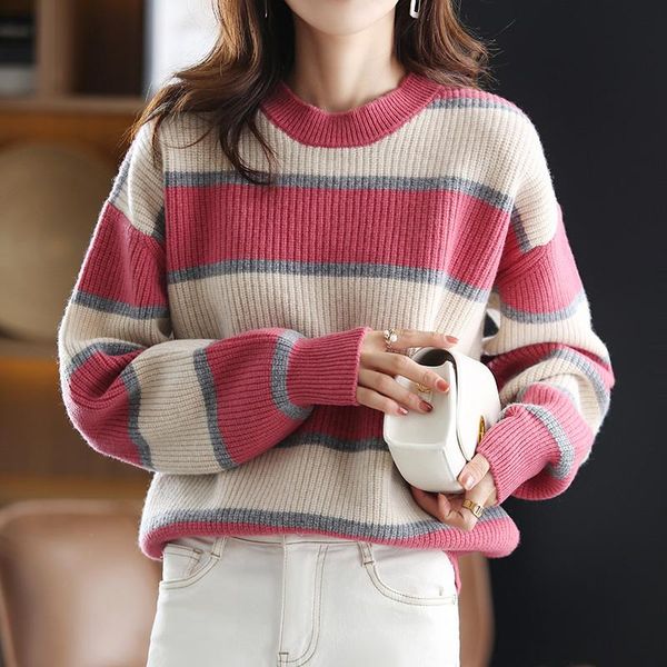 

women's sweaters 100% cashmere wool sweater autumn/ winter 2021 o-neck pullover casual color-blocking jacket knitted ladie large size, White;black