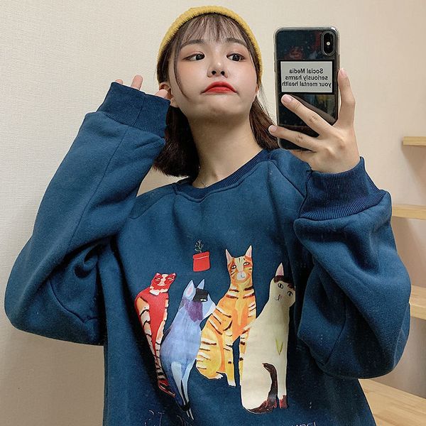 

2021 coreano feminino outono moda gato impresso hoodie manga longa quente pulver mais veludo hoodies 3d22, Black