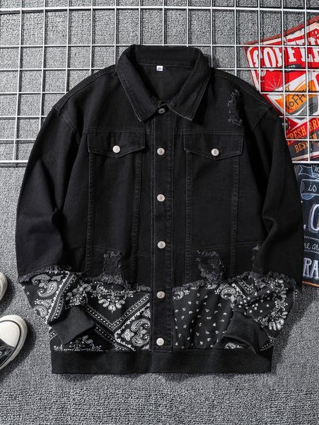 

men paisley print raw trim jacket i7ez#, Black;brown