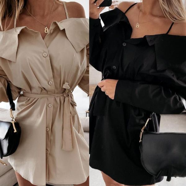 

casual dresses dropshirt dress solid color off shoulder spaghetti strap long sleeve lace-up single-breasted women for vacation, Black;gray