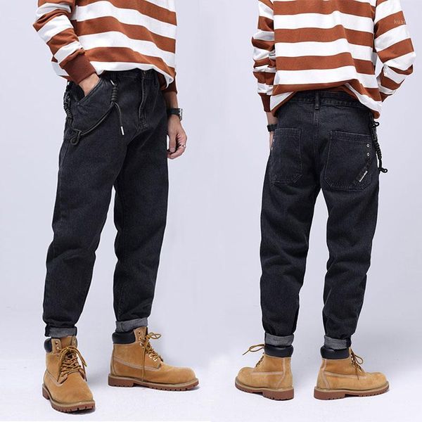 

men's jeans american street style fashion men black color elastic loose fit casual wide leg denim hip hop punk baggy pants, Blue
