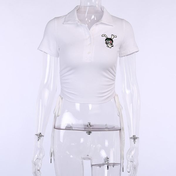 

gothblak fashion streetwear slim embroidery short sleeve crop women polo neck bodycon drawstring tshirt summercasual, White