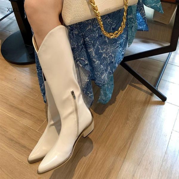 

boots black korean knee white thick heel high tube pointed middle knight