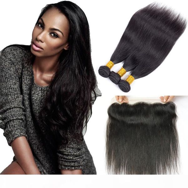 

new arrival straight indian human hair extensions with closure malaysian brazilian virgin body wave hair 3 bundles with ear to ear frontal, Black