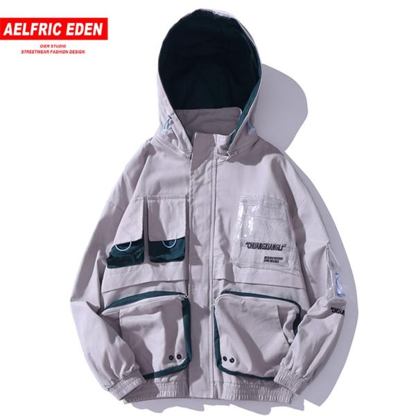 

men's jackets patchwork hip hop multi pockets men casual hooded jacket 2021 harajuku streetwear coats male fashion oversized, Black;brown