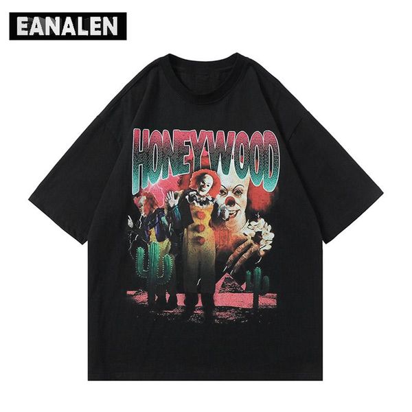 

men's t-shirts summer cactus clown graphic short-sleeved t-shirt graffiti retro harajuku style hip hop punk clothes oversized, White;black
