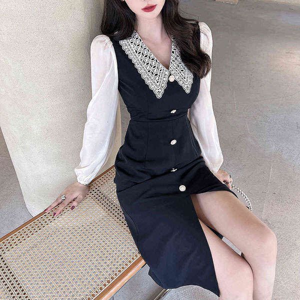 

woman casual dresses autumn fragrance lace collar femininity long fork contrast color small black dresses, Black;gray
