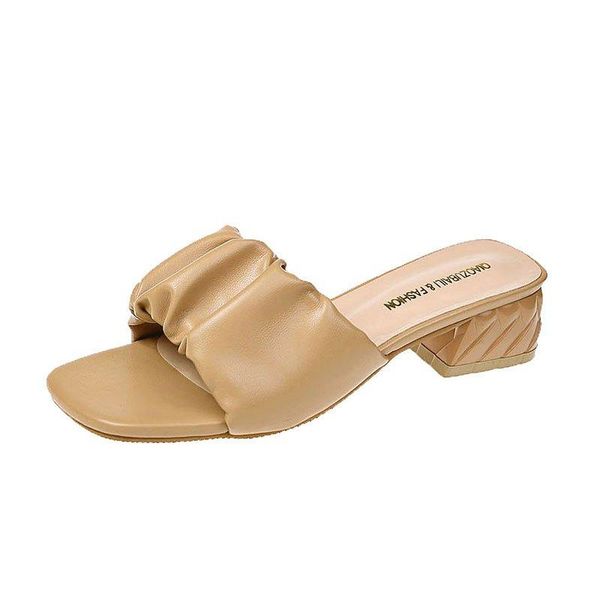 

slippers solid leather shoes woman mules pleated women's female ladies slides women fashion pumps outdoor mid heels summer, Black