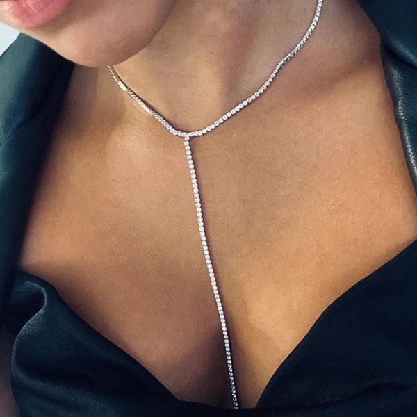 

chokers stonefans y shape choker with rhinestones long necklace for women single layer chain tassel collar body jewelry, Golden;silver