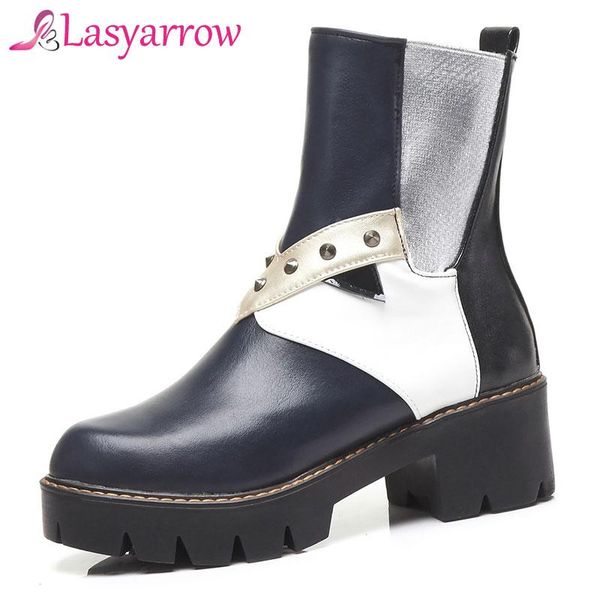 

boots lasyarrow 2021 fashion women casual leather heels round toe platform rivets studs elastic ankle boot, Black