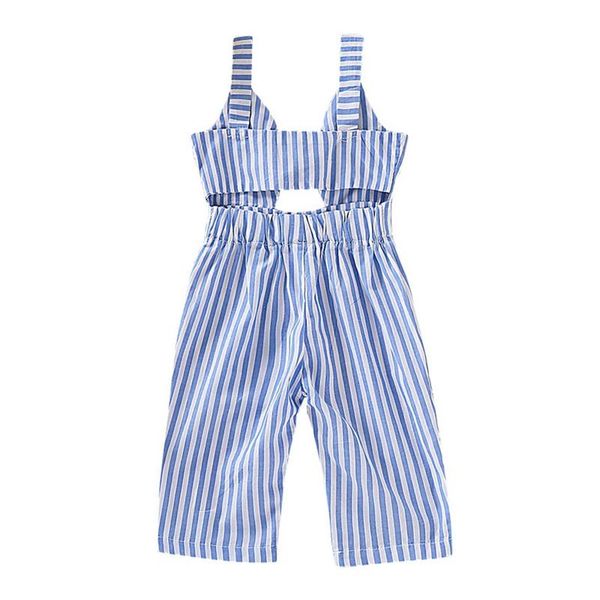

baby girls summer pants children striped print cotton sleeveless elastic suspenders hollow design pants overalls trousers, Blue