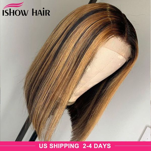 

ishow brazilian straight highlight bob wig 4x4 lace closure human hair wigs 4/27 ombre brown natural color lace front wig for women girls 8-, Black;brown