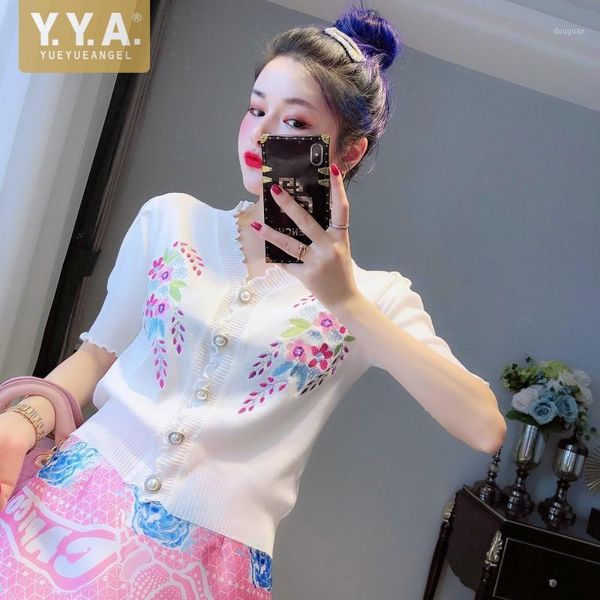 

women's t-shirt 2021 summer floral embroidery women short puff sleeve knitwear single breasted v neck ruffle tees lady retro slim, White