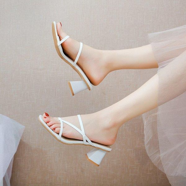 

slippers 2021 summer style all-match simple small square toe thick heel sandals and mules, thin belt high-heeled flip-flops x287, Black