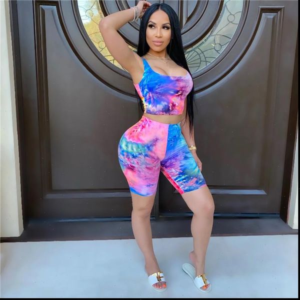 

tie dyeing print women sports suit sleeveless strap crop high waist biker shorts pants workout clothes tracksuit outfit 2021, Gray