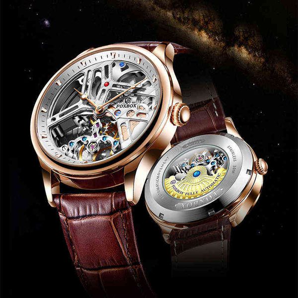

foxbox sapphire glass watches brand luxury automatic mechanical watch men 100m waterproof sport leather hollow men watch+box, Slivery;brown