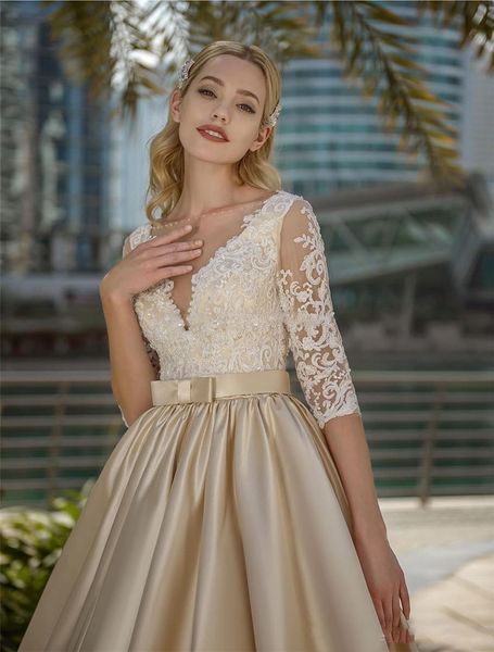 

vestidos 2021 new de noiva elegant champagne half sleeves lace wedding es satin with bowknot bridal gowns custom modest vcnm, White