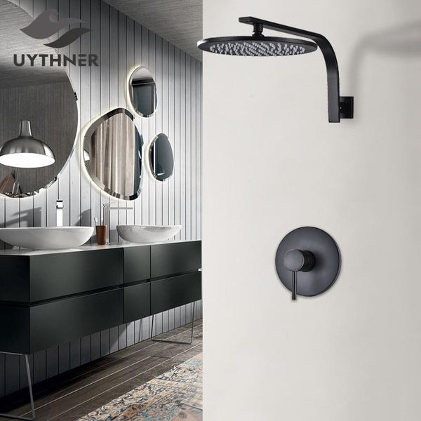 

uythner newly black bronze bathroom shower faucet set 8"/10"/12"/16" shower head and cold water mixer simple set