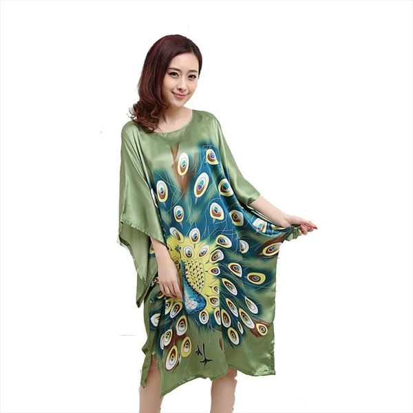 

wholesale chinese faux silk women sleepwear robe dress vintage printed kimono kaftan bath night gown floral 030803, Black;red