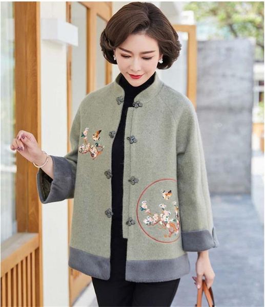 

women's wool & blends ethnic style fashion embroidery woolen coat autumn winter clothing for lady stand collar retro buckle jac, Black