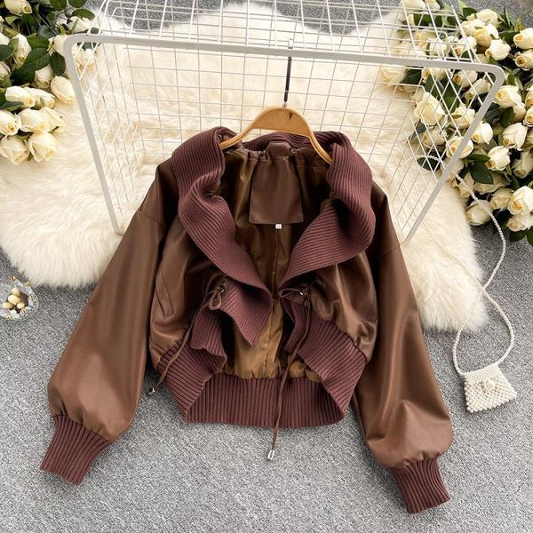 

women's jackets short pu leather jacket autumn winter 2021 loose fashion temperament v-neck kk1240, Black;brown