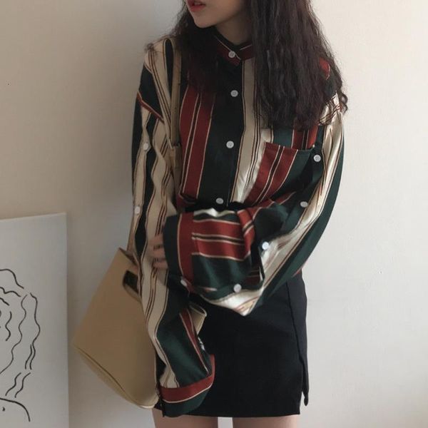

korean stripe blouse vintage shirts spring autumn long sleeve stand collar female blouse fashion causal woman shirts, White