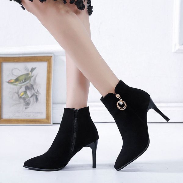 

boots children autumn winter pointed short boots women's high heeled sho thin heel rhintone versatile fashion martins, Black