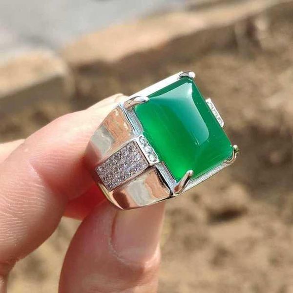 

cluster rings adjustable for male green jade chalcedony stone ring men square engagement jewelry anillos hombre, Golden;silver