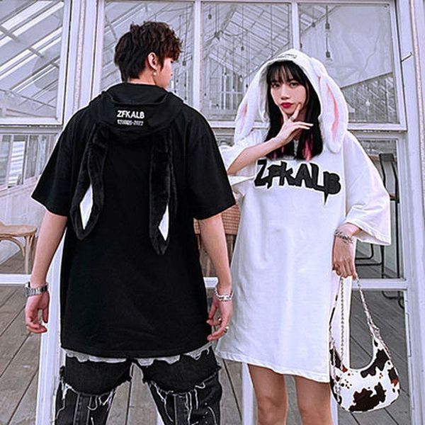 

men's t-shirts oversized t-shirt women t shirt for men cute couples ears hooded printed letters loose and short sleeves goth, White;black