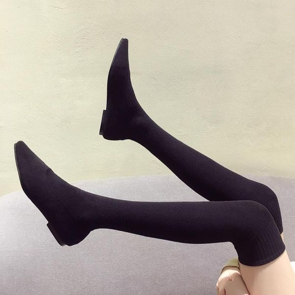 

women shoes thigh high boots student girl thin leg stretch over the knee stretch cloth socks boots selling, Black