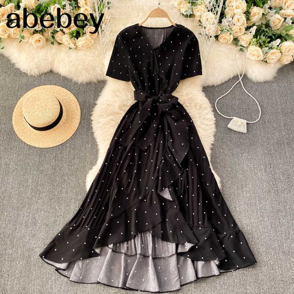

black/white/red polka dot irregular pleated long dress women vintage v-neck short sleeve ruffle vestidos spring summer 210715, Black;gray