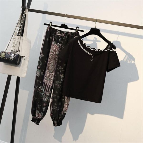 

women's tracksuits plus size loose women suit 2021 summer fashion set printing t-shirt wide leg pants high waist temperament two-piece, Gray