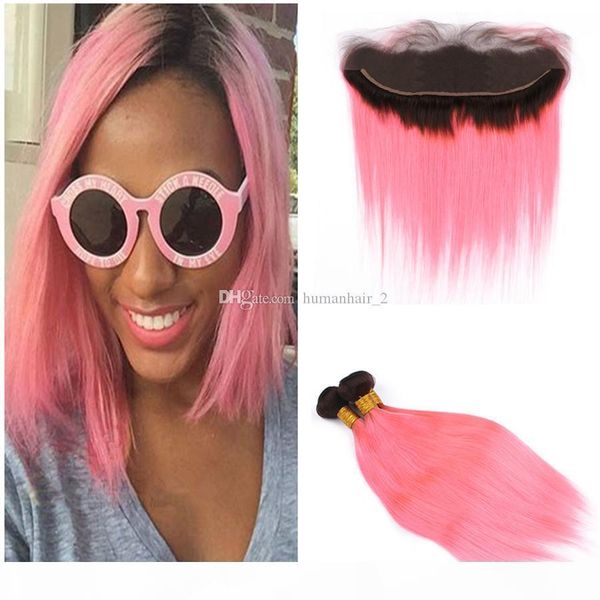 

2tone 3 bundles hair weaves deals with lace frontal closure pink ombre straight human hair bundles with 13x4 lace frontal closure, Black;brown