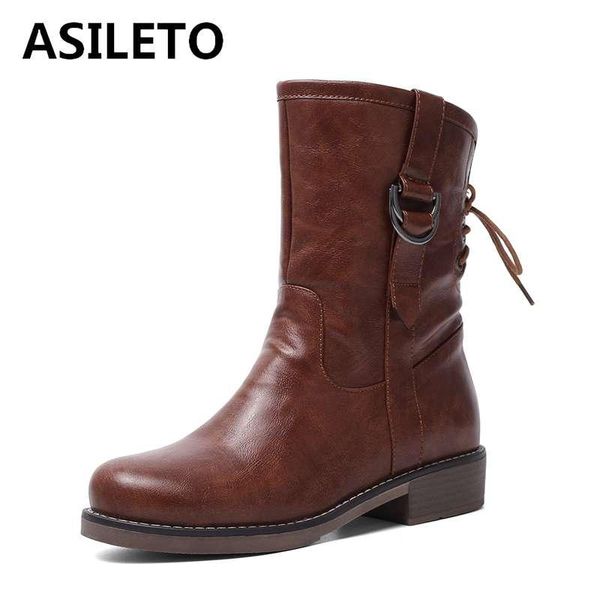 

boots asileto retro ankle for women's boot in autumn winter low heels western buckle cross tied shoes ladies bottes bottines, Black