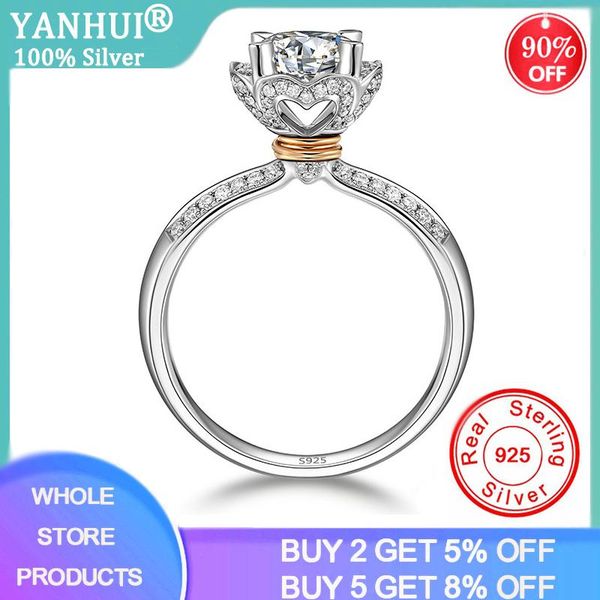 

cluster rings yanhui fashion authentic 925 sterling silver heart ring 0.8ct rectangle zirconia diamond vintage women engagement gift, Golden;silver