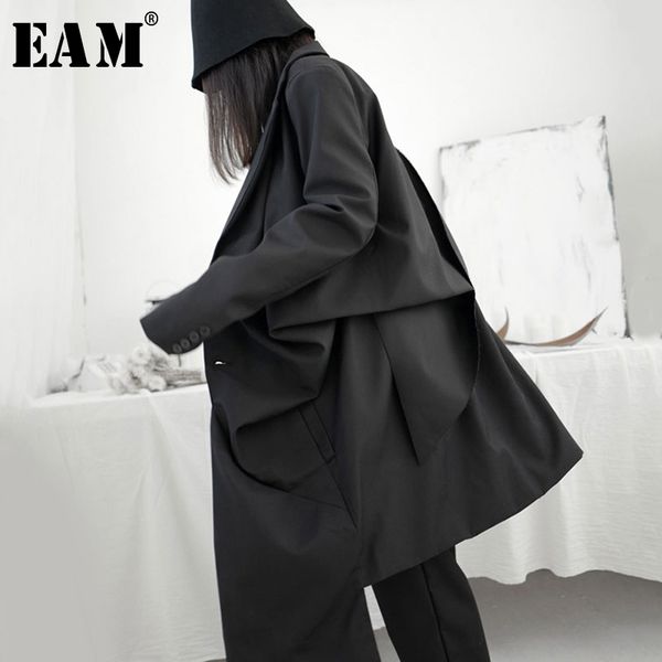 

[eam] women black pleated stitch big size trench new lapel long sleeve loose fit windbreaker fashion tide spring 2021 1s241 210218, Tan;black
