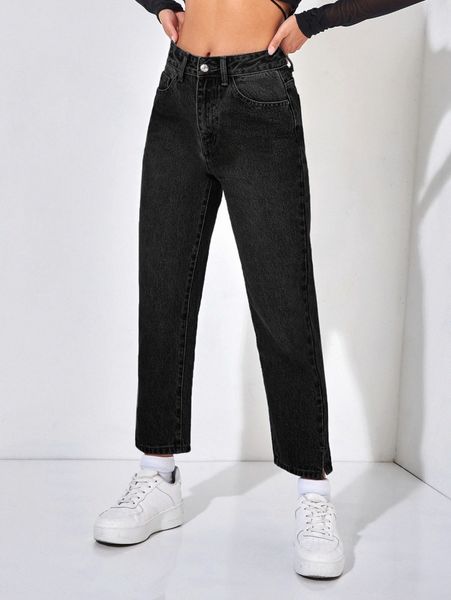 

petite zipper fly split hem tapered jeans 990v#, Blue
