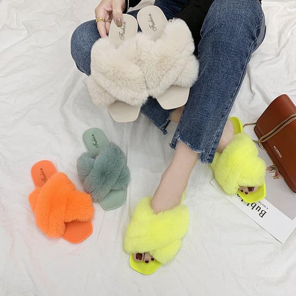 

women's summer cross plush slippers plush slippers women's fluffyhouseholdshoeswomen'sslippersand lovel fashionwomen'sfu, Black