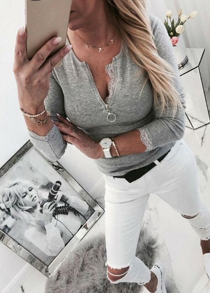 

women's t-shirt 2021 zipper lace stylish v neck long sleeve tight tee fashion female casual slim tee shirt femme, White
